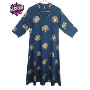 Janasya Women's 3/4 Sleeve Blue Floral Gold Print Dress Indian Ethnic Size L
